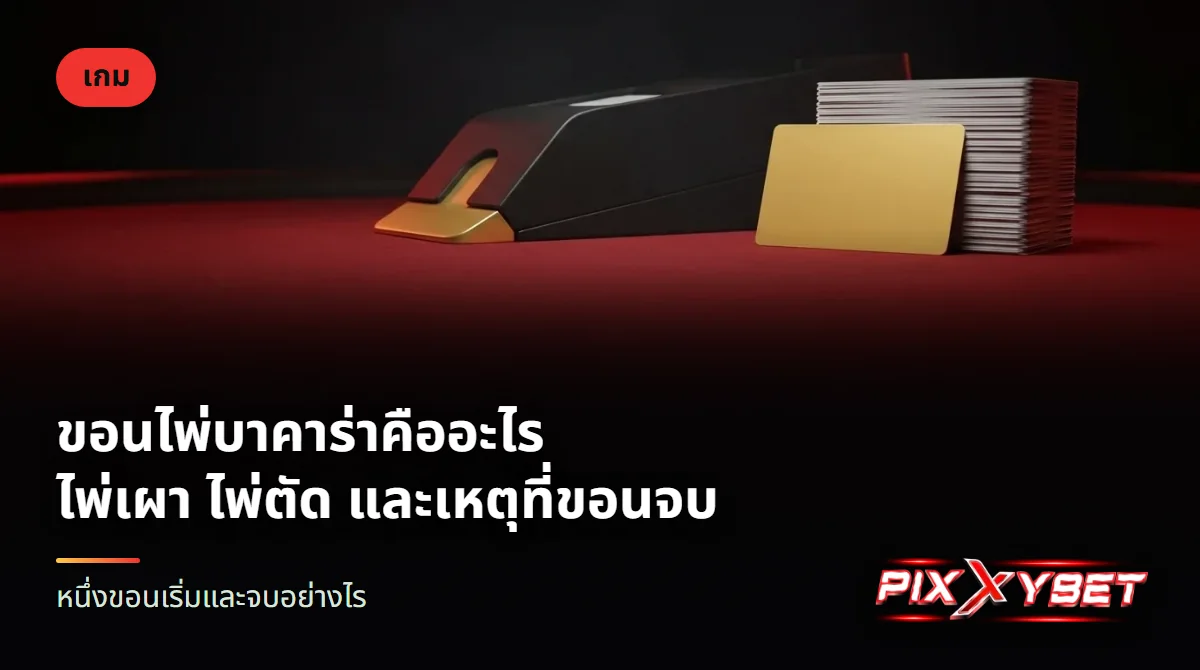 กล่องใส่ไพ่ทรงยาวบนโต๊ะสักหลาดสีแดง มีแผ่นพลาสติกสีทองเสียบคั่นอยู่ในกองไพ่